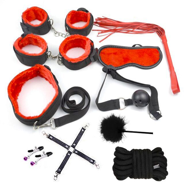 BDSM Kit Bondage Restraint 10 Pieces HandCuffs And Sex Whip