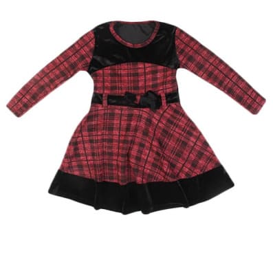 Girls Velvet Checked Special Occasion Dress-WINE