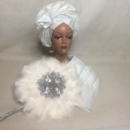 Auto Gele And Ipele In Shiny White Asooke Glittering Silver And Handfan