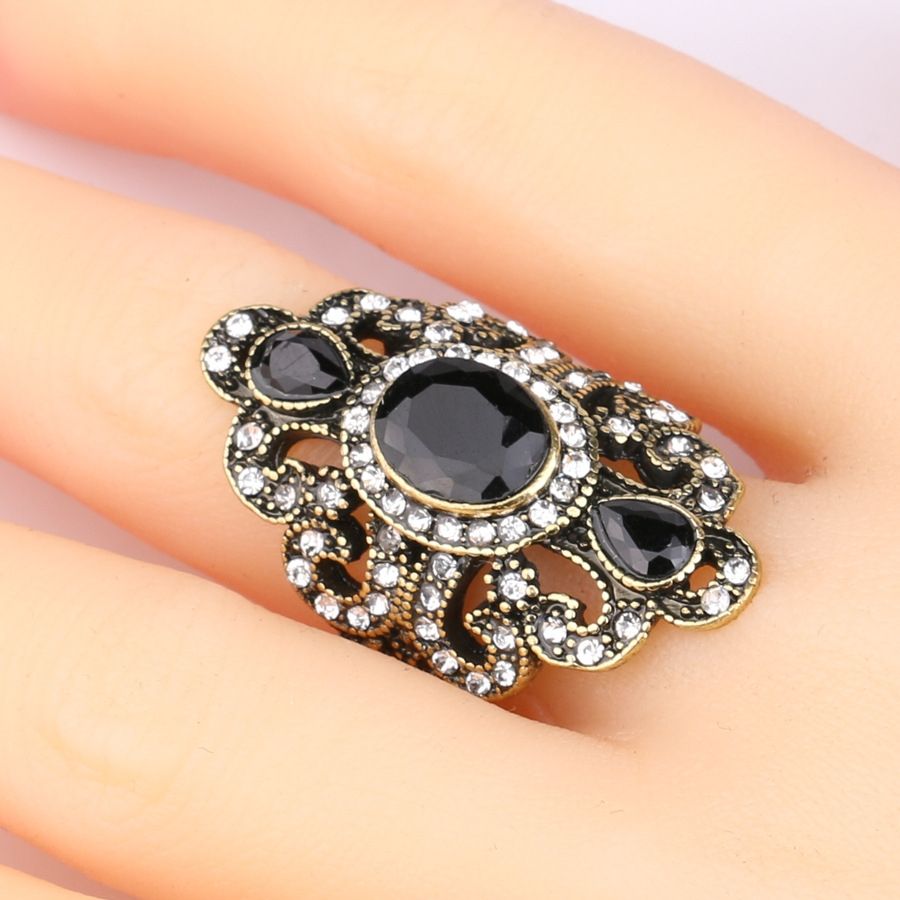 Vintage Ethnic Exquisite Carved Inlaid Acrylic Resin Hollow Ring, Size:10(Black)