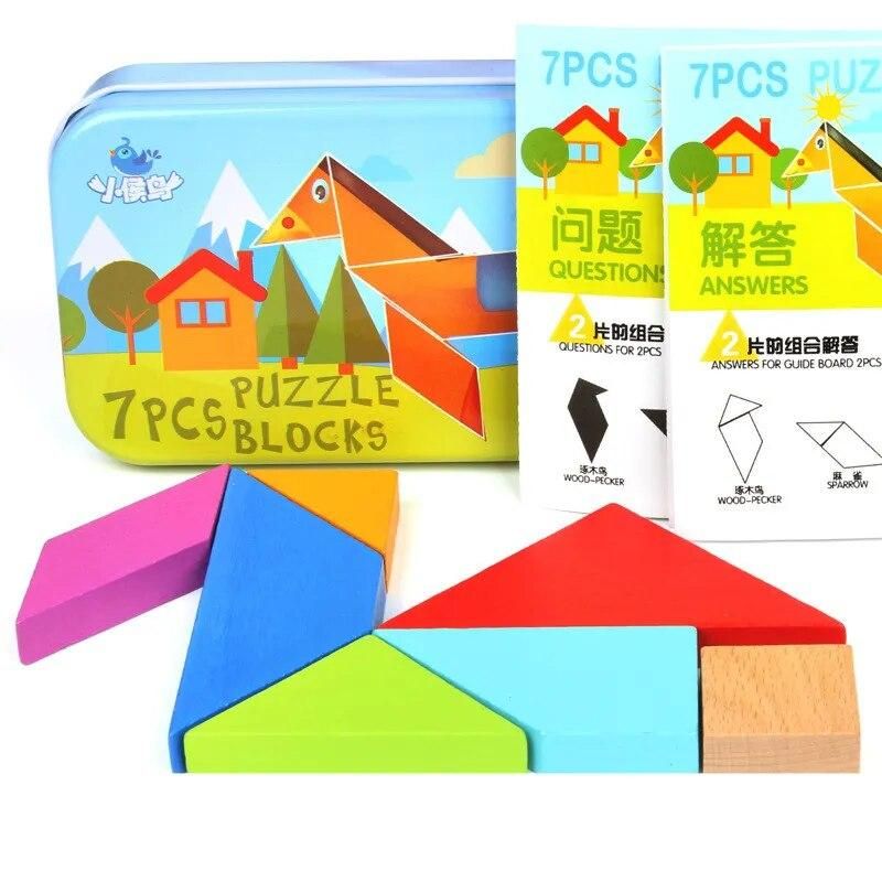 Wooden Tangram 7 Piece Jigsaw Puzzle Colorful Game Intelligent Educational Toys For Kids
