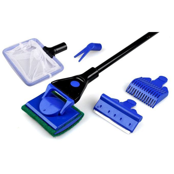 Aquarium Cleaner 5 In 1 Clean Set Fish Rake Scraper Grass Fork Sponge Brush Blue