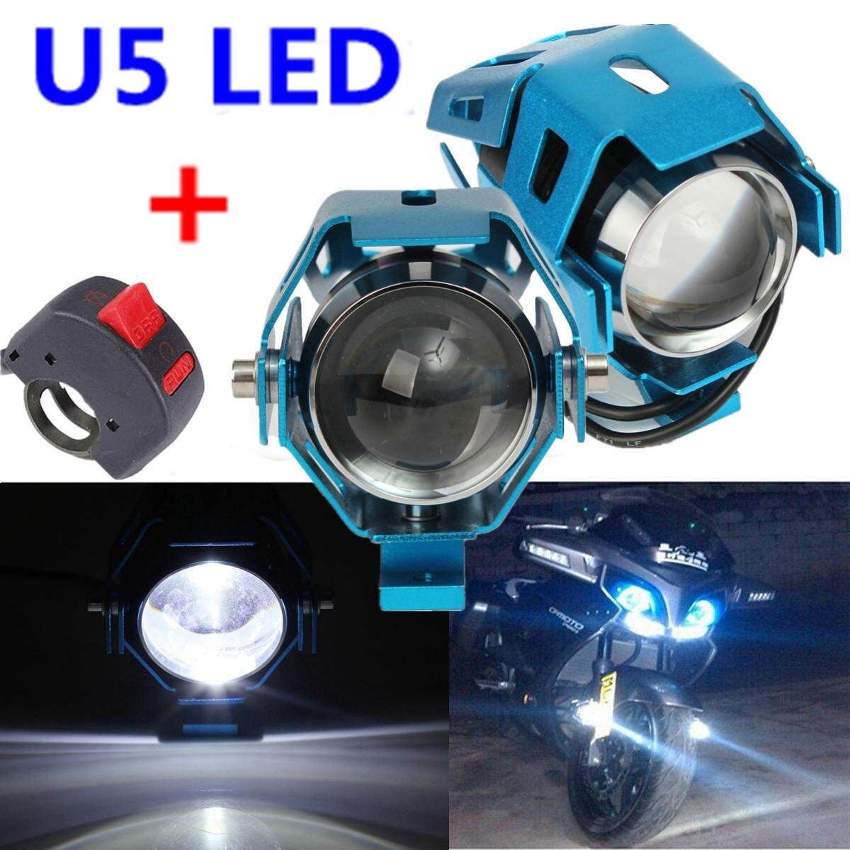 2PCS U5 Motorcycle Light Headlight Spotlight Blue + Pit Bike Kill Switch