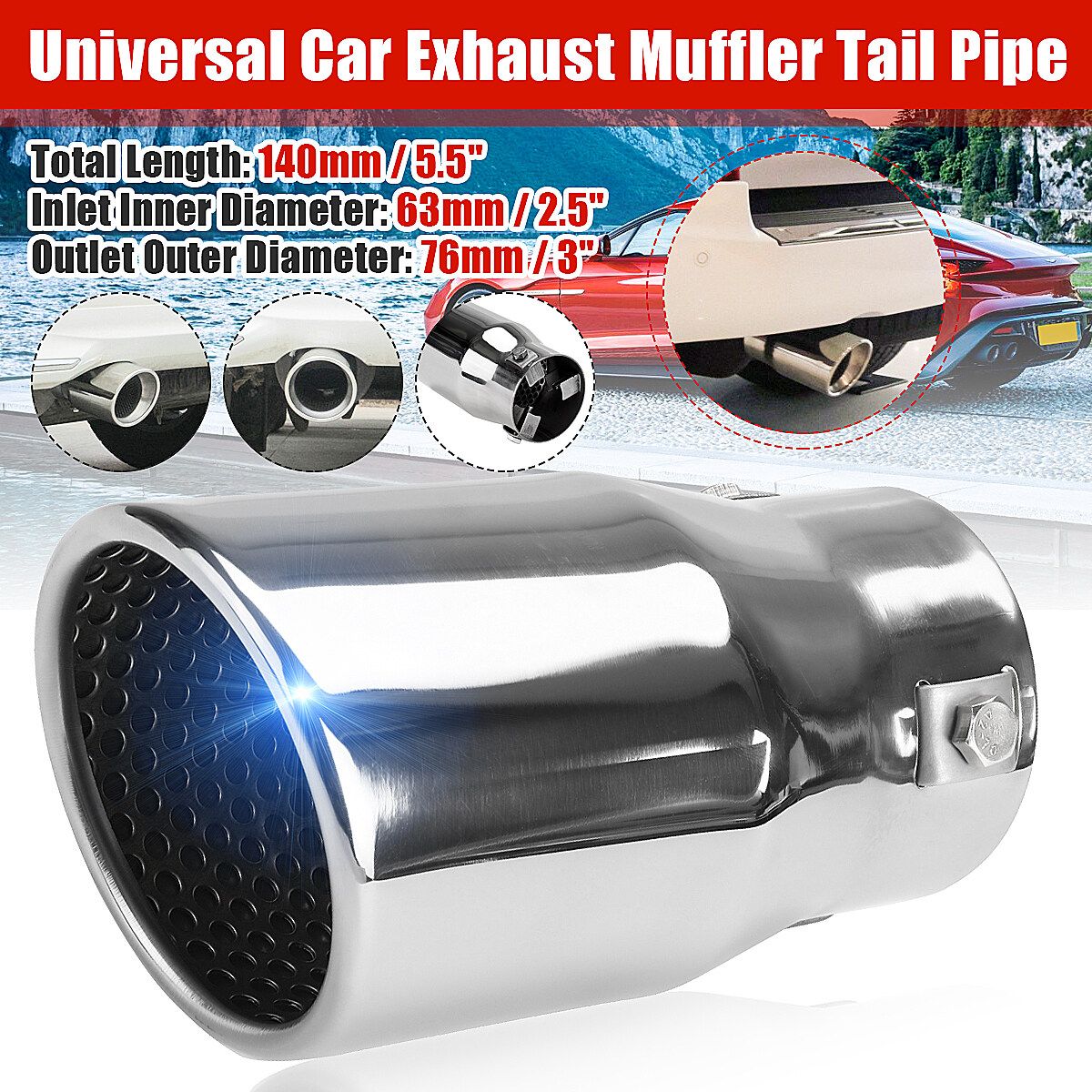 2.5'' 63mm Universal Car Rear Exhaust Tip Pipe Tail Muffler End Stainless Steel