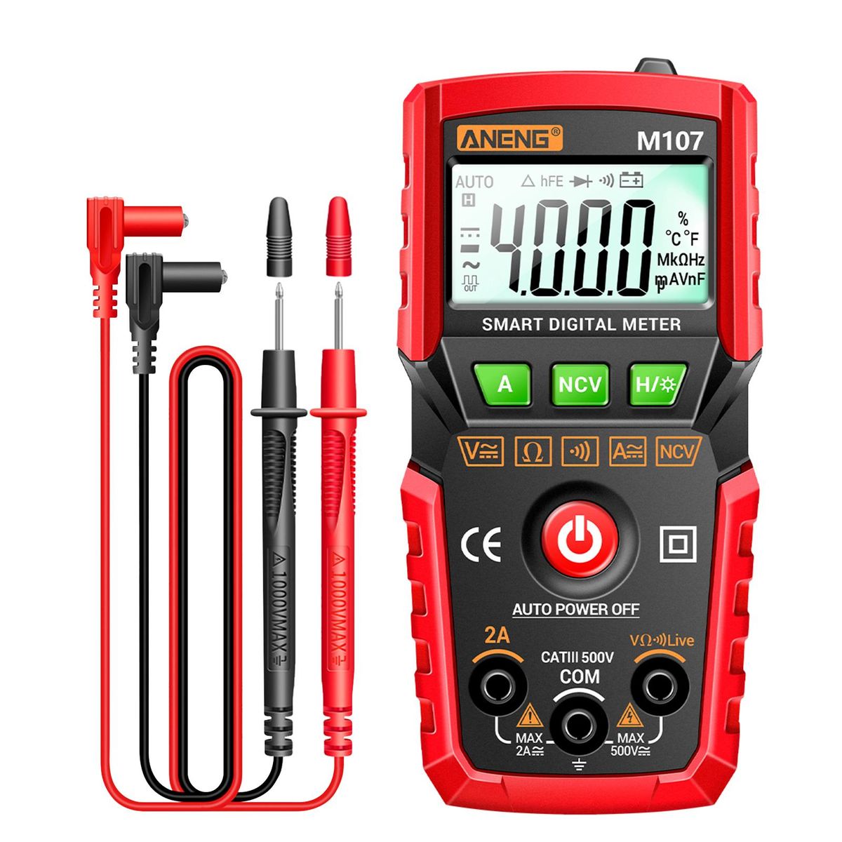 ANENG M107 Smart Digital Multimeter 4000 Counts NCV Universal Meter Handheld Multifunctional Tester Voltmeter Ammeter with Backlight Flashlight AC/DC Voltage & Current Resistance Measurement Zero Fire Wire Detection