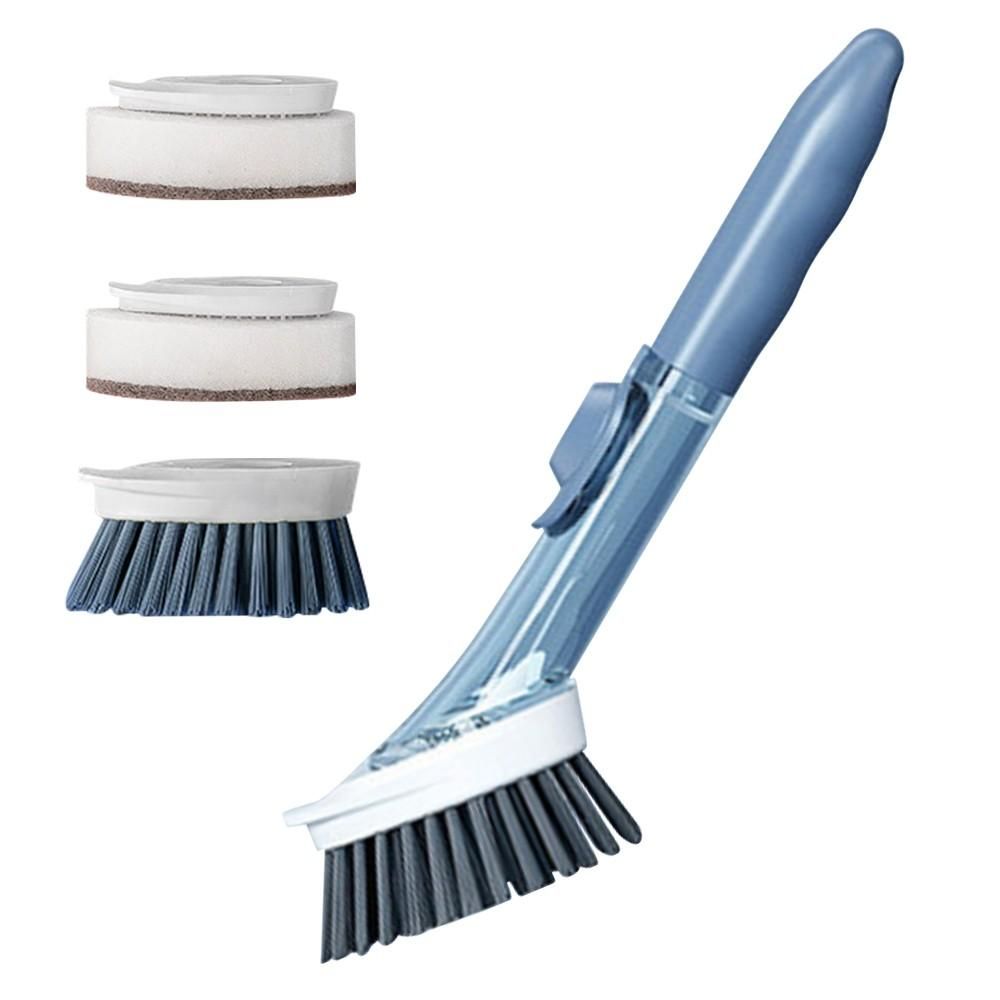 Soap Dispensing Dish Brush and Sponge Household Cleaning Brushes Multifunctional Dishwashing Sponges for Pot Pan Dishes Sink Stovetop Wall Kitchen Supplies (1 Handle + 2 Brush Heads + 2 Sponge Heads)