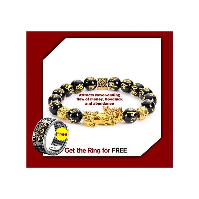 Original Fortified Feng Shui Black Obsidian Wealth Bracelet & Ring With Casing Box