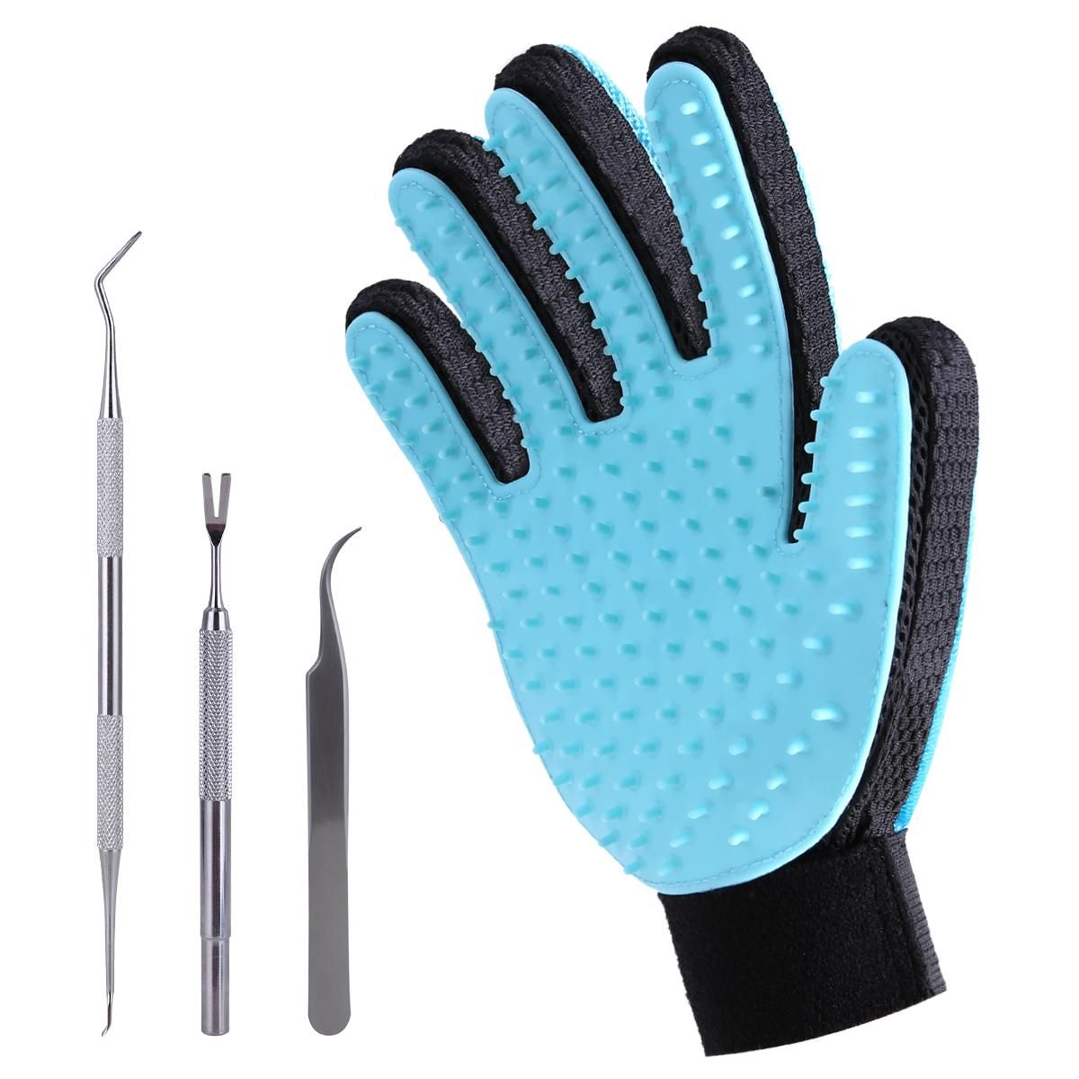 Pets Cats Dogs Grooming Glove Tick Remover Tool Set Kit Stainless Steel Tweezers for Ticks