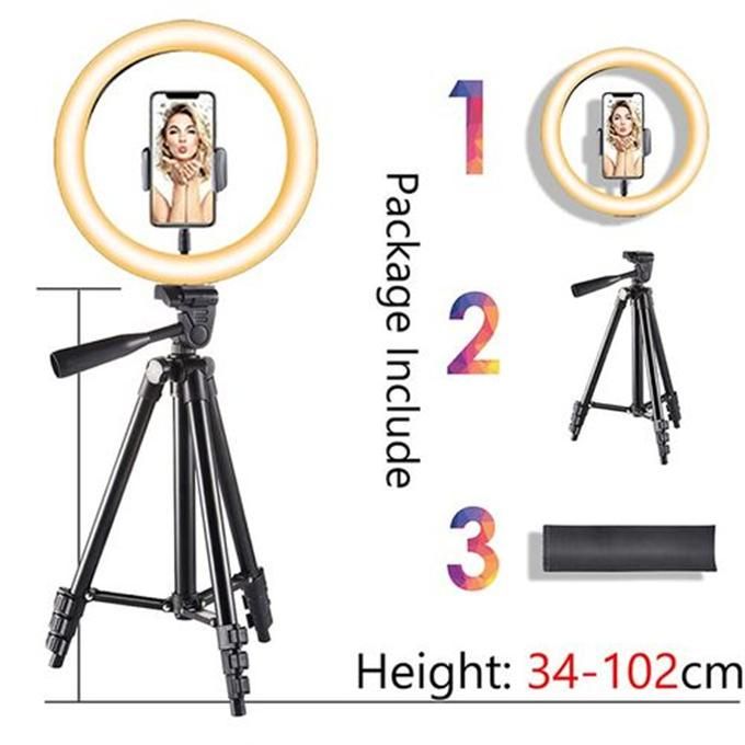 Dimmable LED Beauty Selfie Ring Light, Retractable Tripod and Phone Holder for TikTok Photography, Color Temperature 3000-6000K