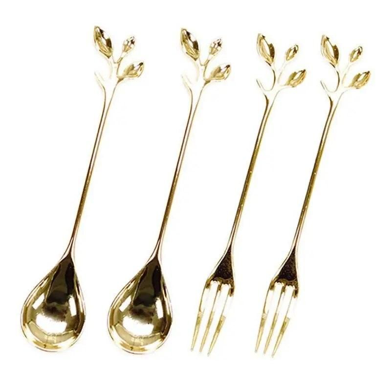 Tableware Gold Leaf Coffee Spoon Fork,4 Pack(2 Spoons 2 Forks) Little Demitasse Espresso Spoon and Appetizer Dessert Forks Set,4