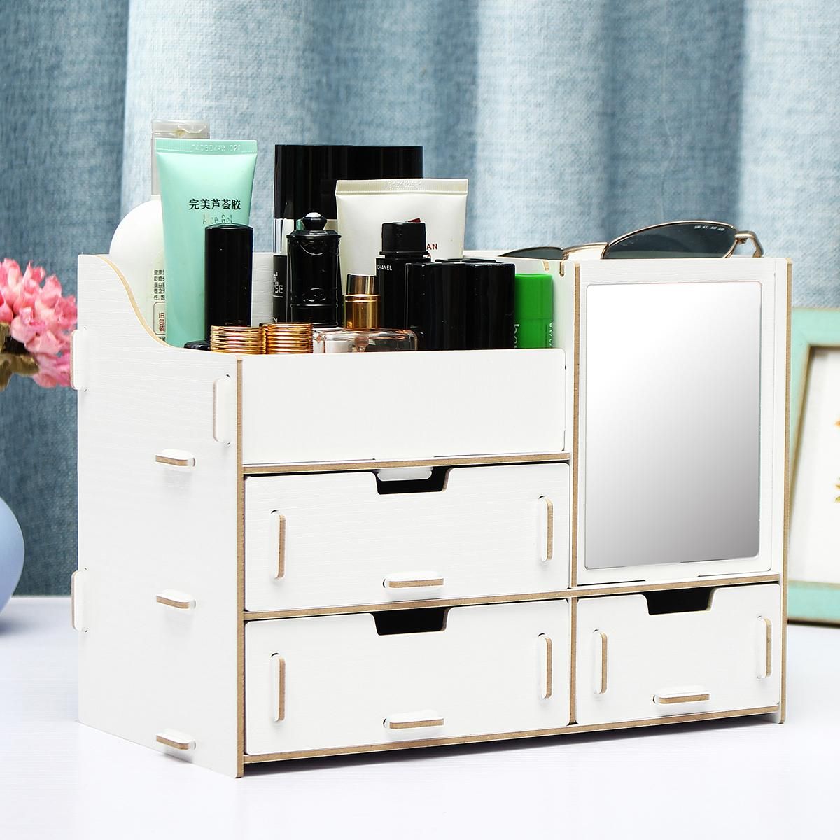 Drawer DIY Wooden Makeup Storage Display Box 3 Drawers Jewelry Cosmetics Holder-white