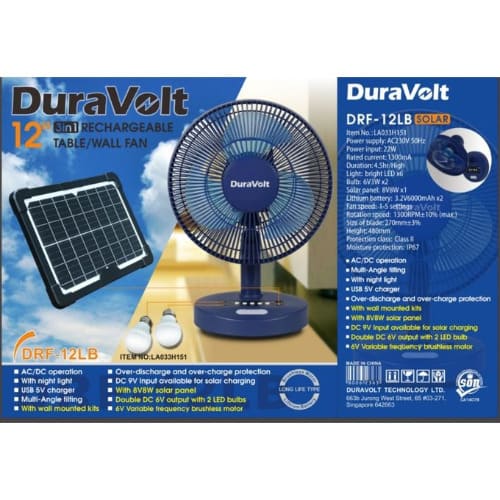 Rechargeable Table Fan With Solar Panel - 12"