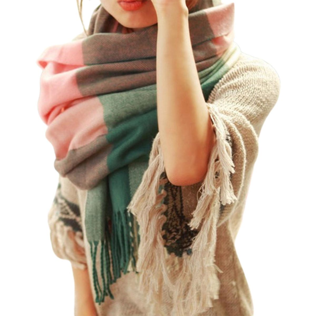 Women Scarf Cozy Chic Plaid Print Scarf Stylish Winter Shawl Dark Green