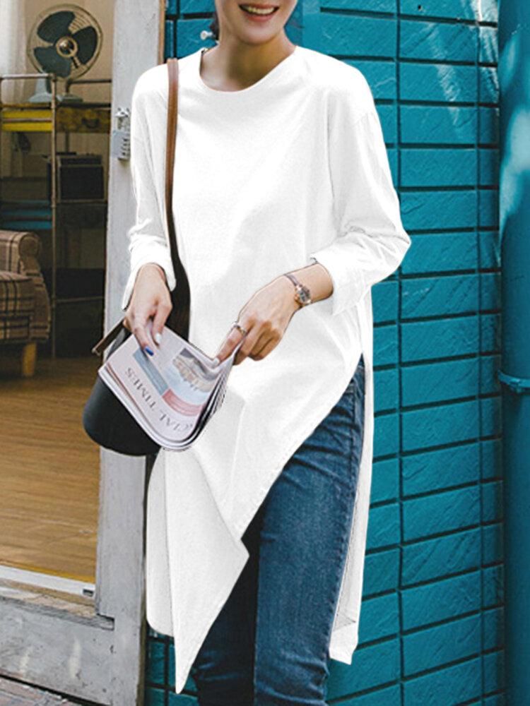 Solid Irregular Hem Slit Long Sleeve Crew Neck Long T-shirt