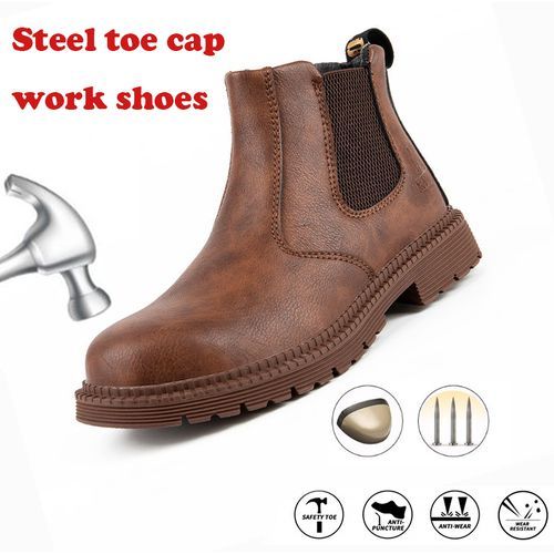 Men's Safety Shoes Steel Toe Work Boots Non-slip Sole Breathable Safety Shoes Steel Toe-Red Brown