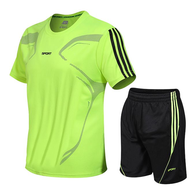 T-shirt Short Sleeve Shorts Sportwear Two-Piece Men Set-Green