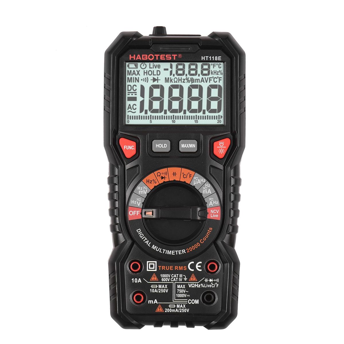 HABOTEST HT118E Digital Multimeter Auto Range Multi-meter 20,000 Counts True RMS Measuring AC/DC Voltage & Current Resistance Capacitance Frequency Temperature Continuity Duty MAX/MIN Mesaurement Live & NCV Test Diode with LCD Backlight Flashlight