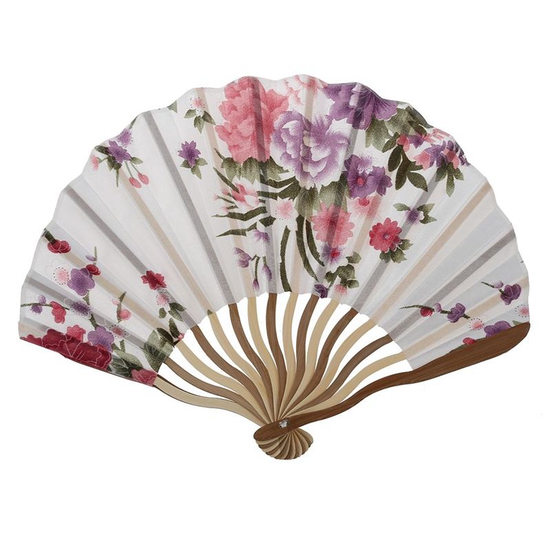 White Beige Flower Fan Folding Bamboo Seashell Hand Ribs Printed Shape