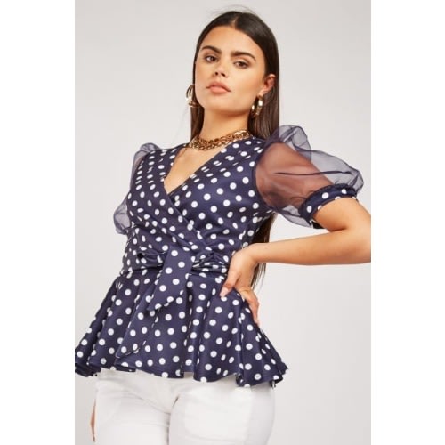 Organza Sleeve Polka Dot Top - Blue/ White