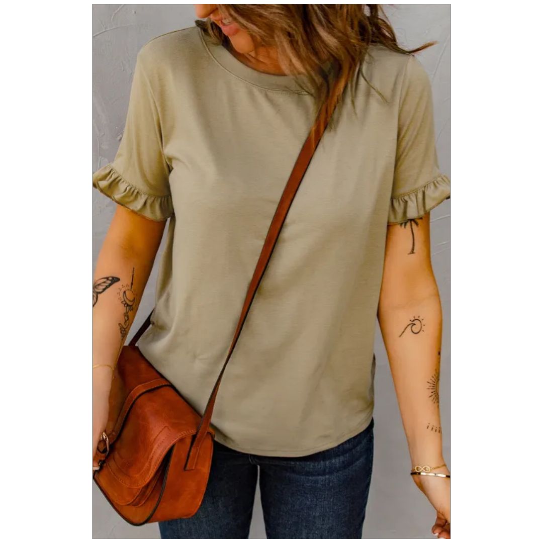 Mfed Khaki Solid Ruffled Short Sleeve Tribal Shirt