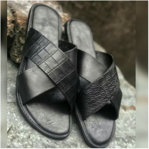 Mens Croc Skin Crossed Slippers - Black