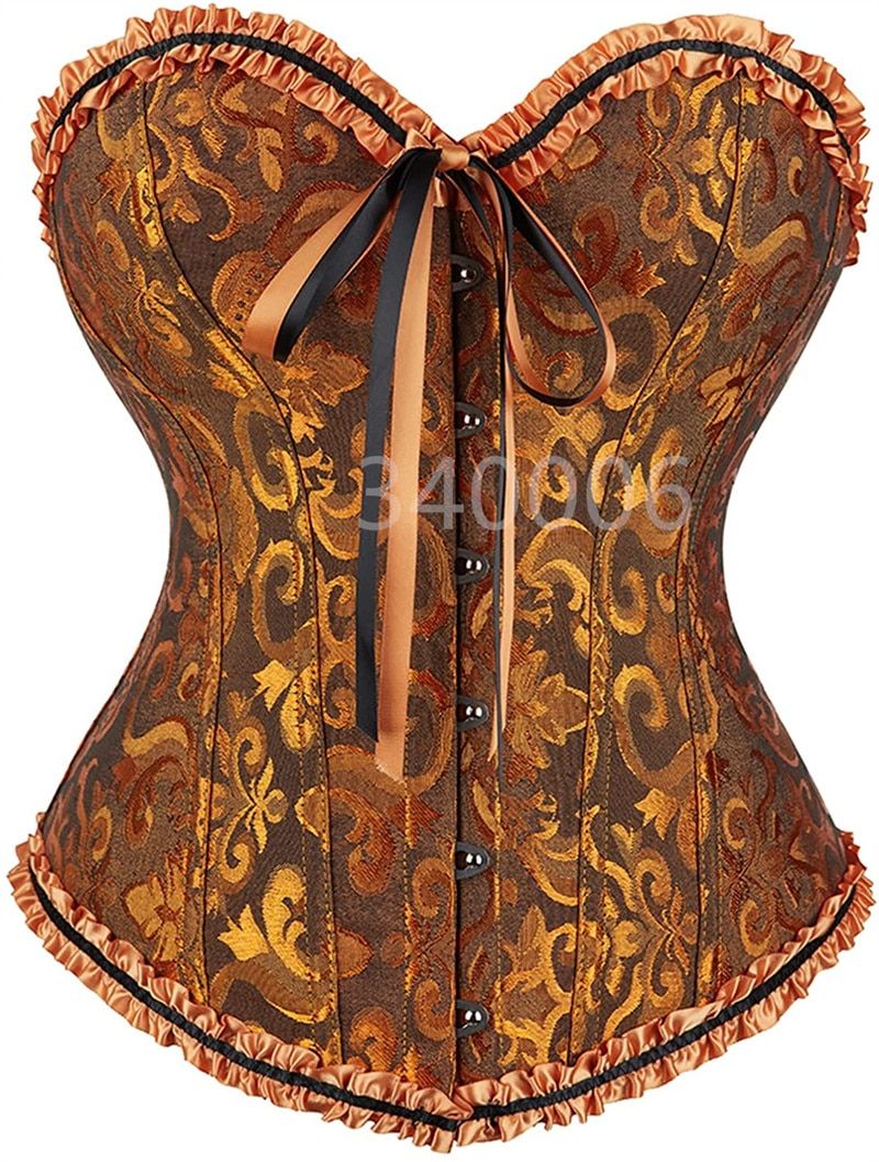 Corset Top  Overbust  Women Y Lace Up Plus Size Brocade-819Turmeric