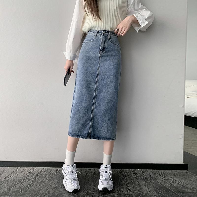 004 Denim Skirt Women's Spring/Summer Mid length Split A-line Wrap Hip Long Skirt Summer 2022 New
