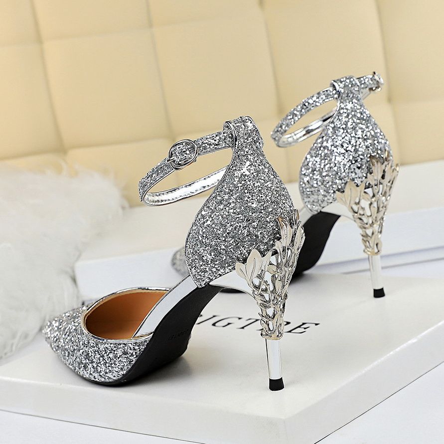 Ladies Heel Metallic Carved Sequins Sexy Sandals Silver