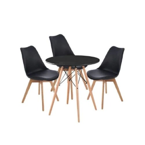 Modern Round Dining Table With 3 Padded Chairs Set - Black