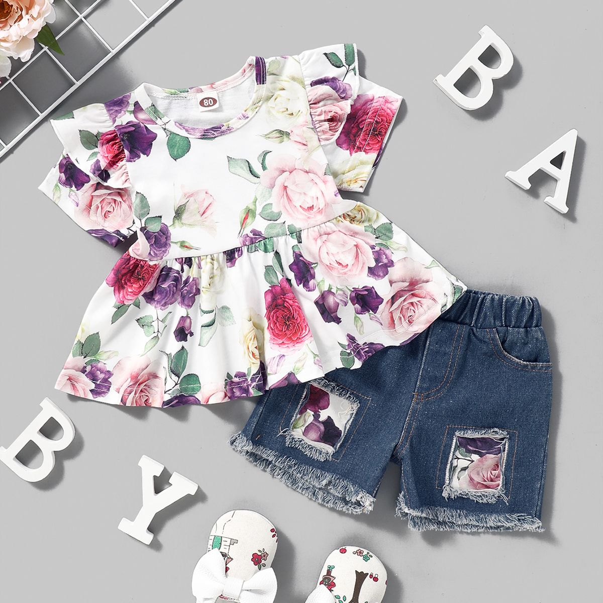 1-4Y Kid Girls Floral Short Sleeves Blouse Denim Short Pants
