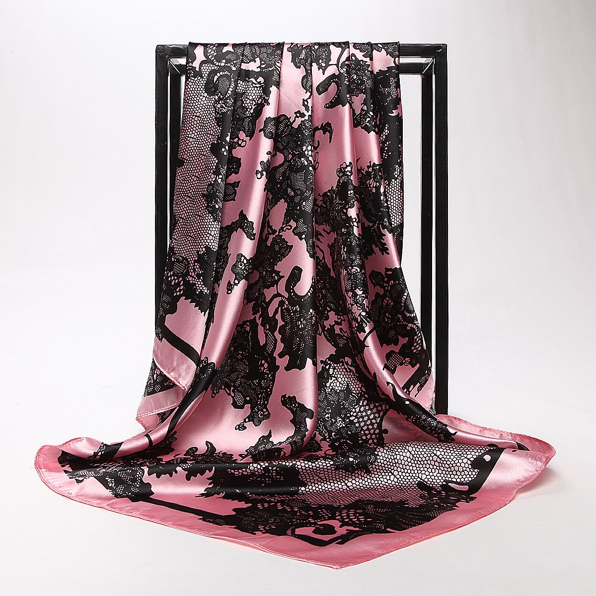 Bandana Scarf Silk Holiday Gift Shawl Wedding Big Square Satin Floral Shiny Lady Women Muslim Hijab Pink