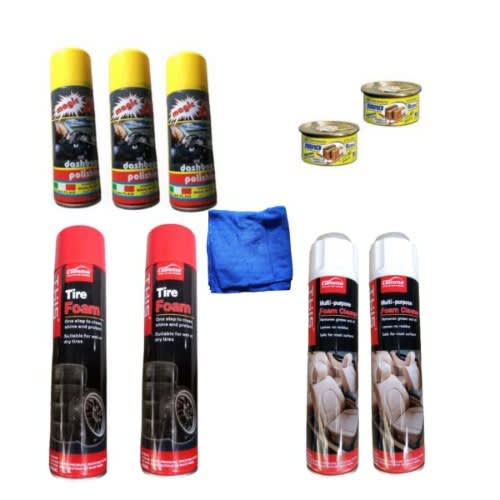 650ml Tyre And Leather Foam Cleaner - 2pcs + 3pc 250ml Dashboard Polish And 2pc Abro Airfreshner
