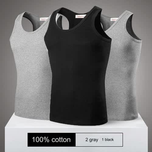 3 in1 Pure Cotton Underwear Singlet For Men - Armless Vest - Black & Grey
