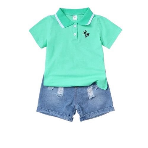 4-7 Years Kid Boy Green Polo T-shirt+ Denim Shorts Jeans