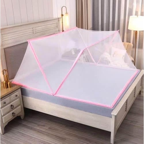 Collapsible Portable Mosquito Net - 213cm X 145cm - 7ft X 7ft Bed - Pink