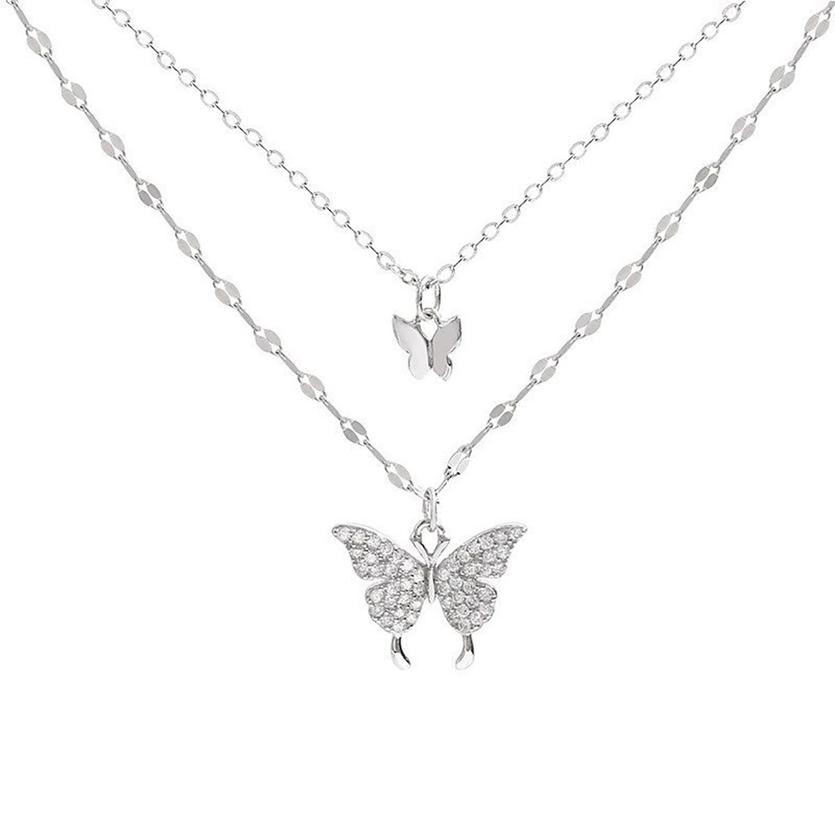 Butterfly Necklace Double Layer Rust-proof Alloy-Silver