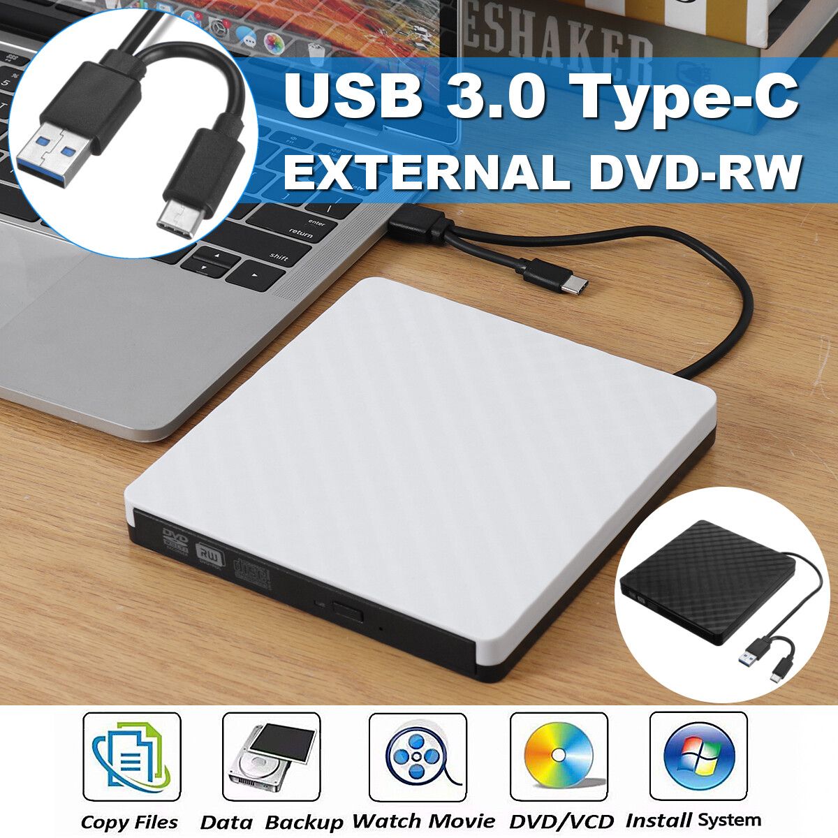 Slim External CD DVD Drive USB 3.0 TypeC Disc Player Writer Laptop PC White