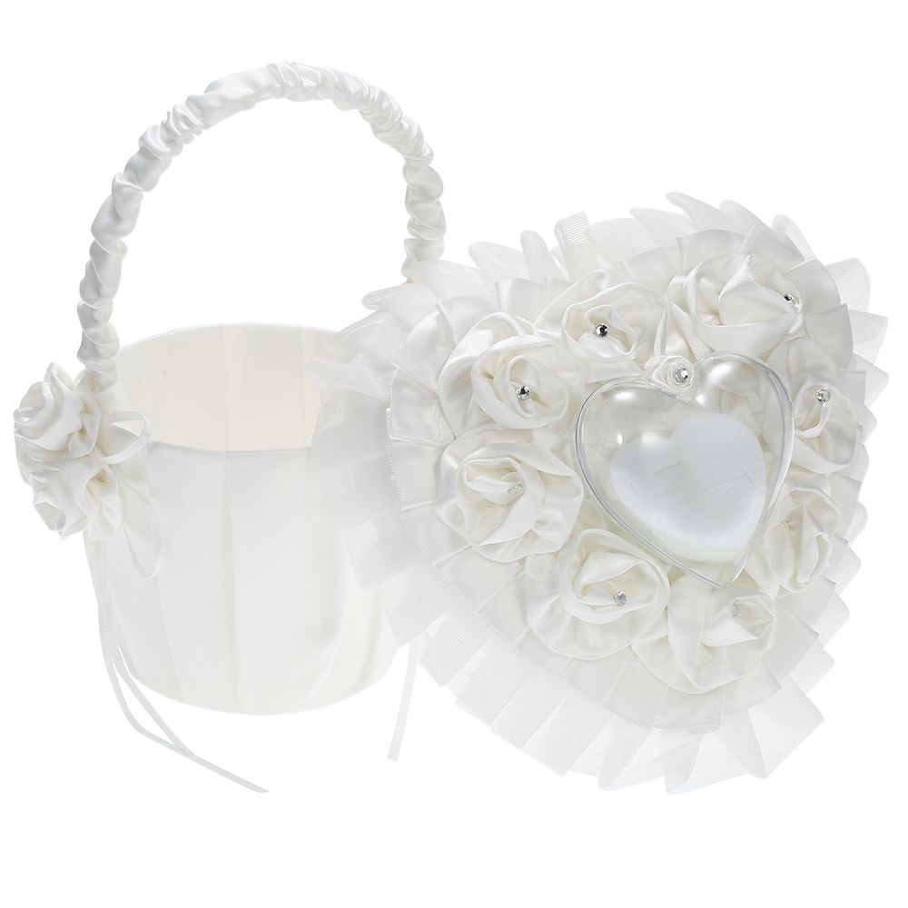 7 * 7 Inches White Heart Ring Bearer Pillow And Satin Flower