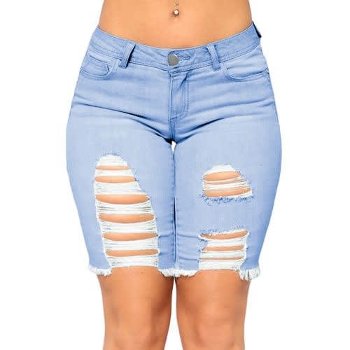 Torn Distressed Edging Denim Short-light Blue