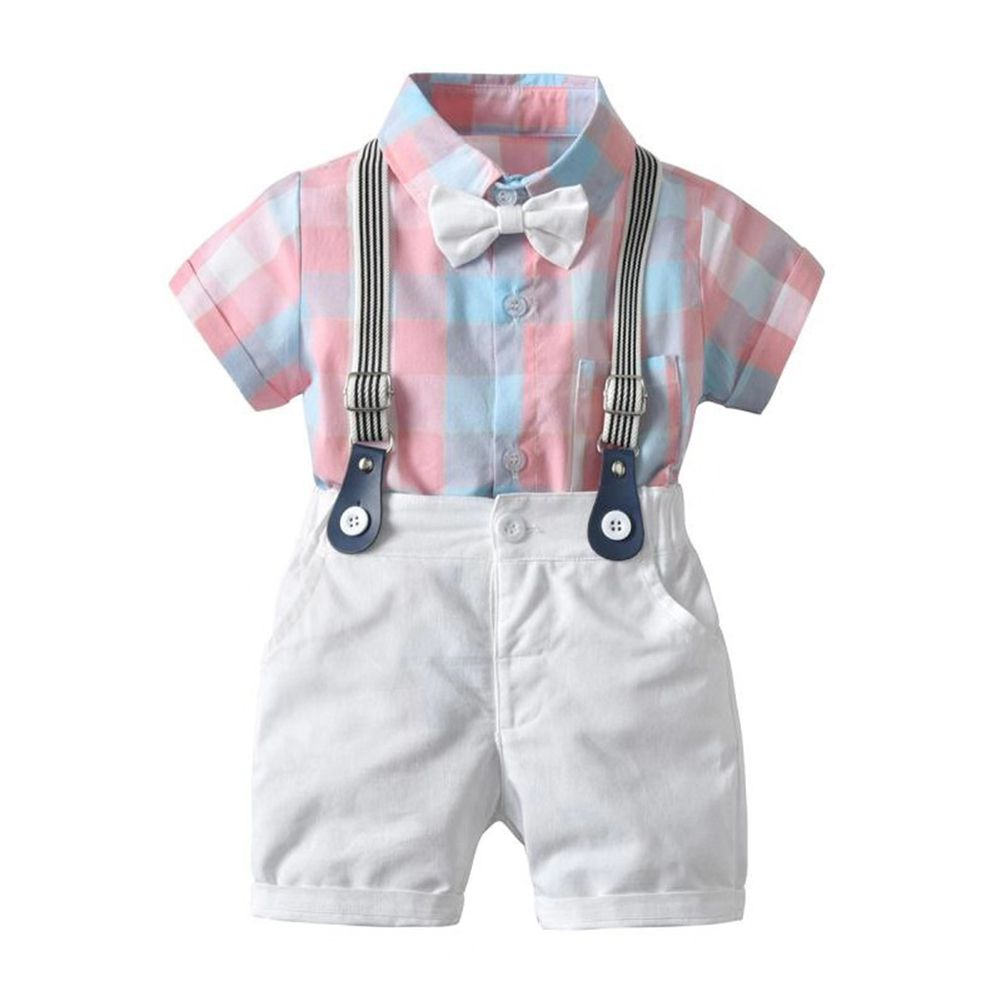 Stylish Summer Kids Boy Short Sleeve Plaid Bow Shirt-Pink