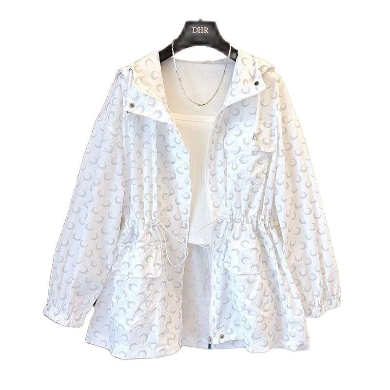 2022 Korean Print Mid-Length Sun Protection Clothing Women Loose Wild Jacket Hooded Spring Summer Zipper Windbreaker Female Top