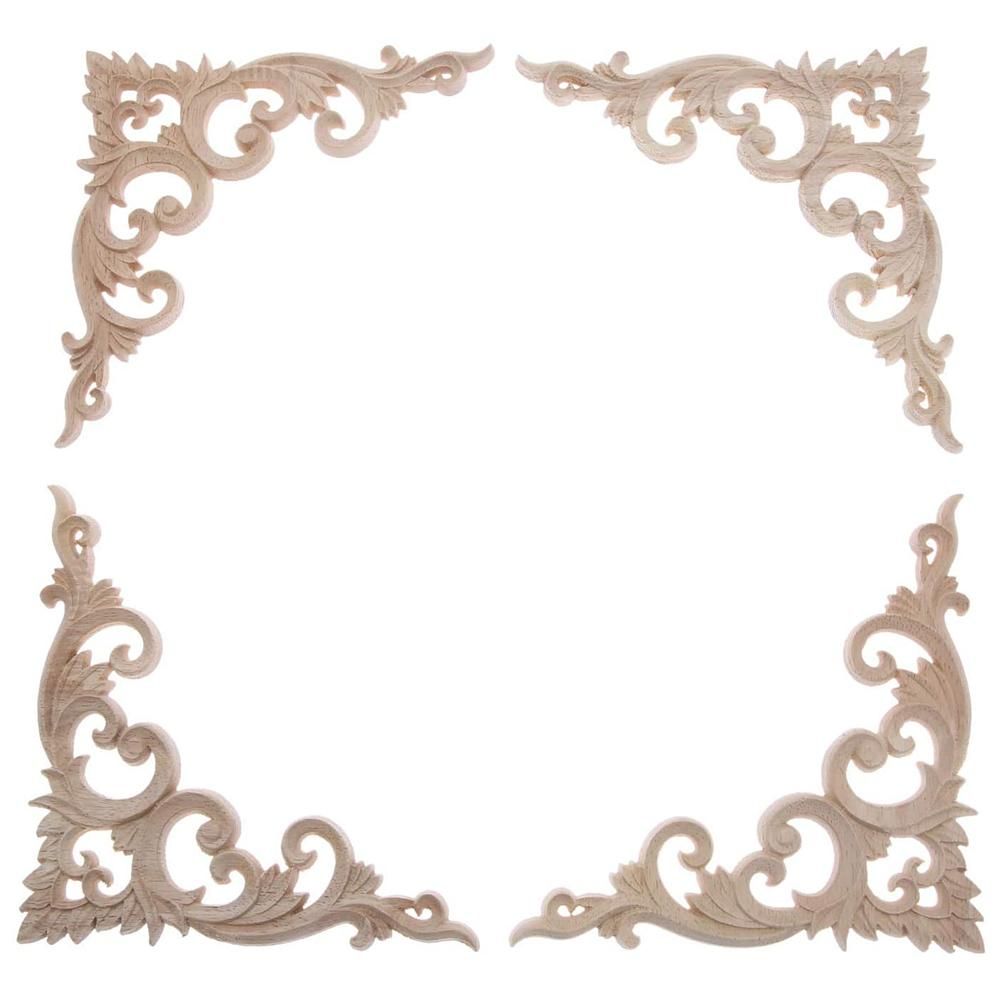4Pcs/Set Wood Carved Corner Onlay Applique Unpainted Frame Cupboard Cabinet Decal for Home Furniture Decoration 15cm