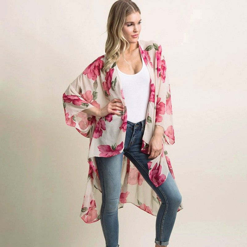 Women Floral Print Kimono Cardigan Cover Ups Open Front