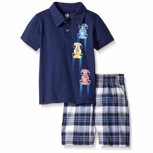 Kids Headquarters Baby Boys' Solid Polo Top with Woven Plaid Shorts