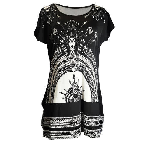 Ladies Ice Silk Temple Print Top Blouse  - Black