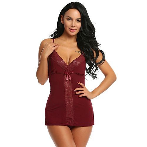 Women Sexy Lingerie Spaghetti Strap Lace Babydoll Chemise Slim Sleepwear-Wine Red