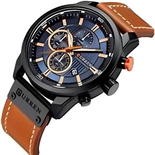 Mens Water Resistant Sport Chronograph Watch - Military Multifunction Leather Quart - Brown