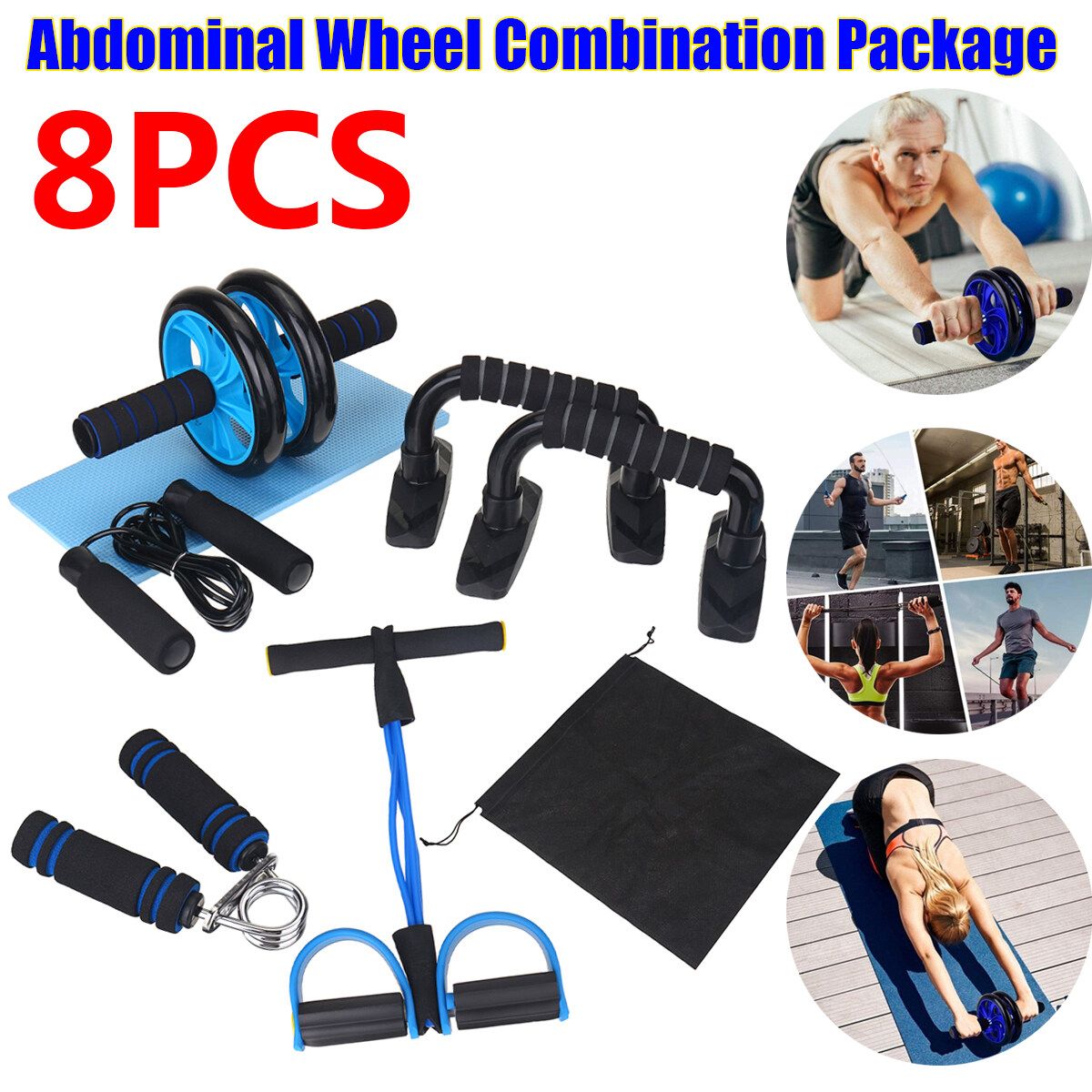 8/7PCS AB Wheel Roller Kit With Push-Up Bar Jump Rope Hand Gripper And Knee Pad Core Carver Fitness Workout Home Fitness Muscle Training Set 8PCS-SET