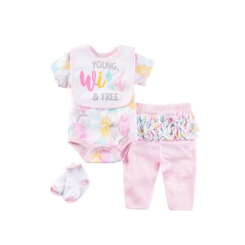 4Pcs Newborn Baby Girl Clothes Outfits -Bodysuit+Ruffle Pants+Socks+Bib