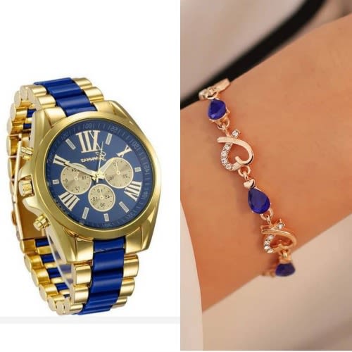 2 In 1 Ladies' Wrist Watch With Bracelet- Blue